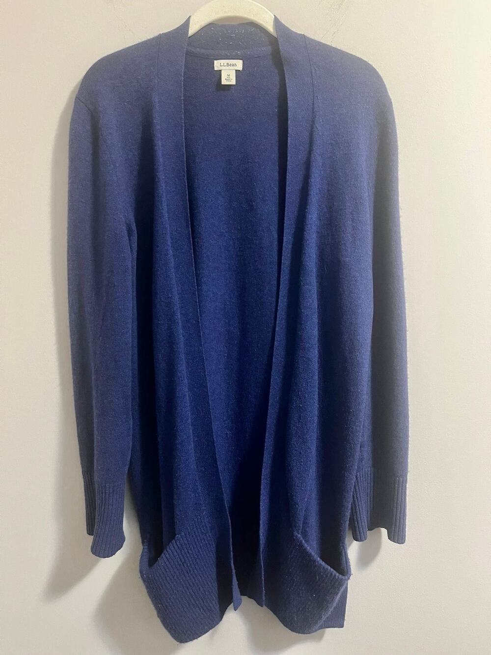 LL Bean Classic 100% Cashmere Open Front Cardigan w/Pockets Blue Women's M